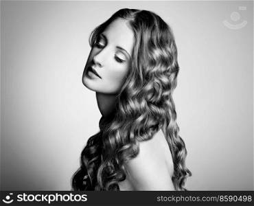 Photo of beautiful young woman. Vintage style. Fashion photo. Black and white photo
