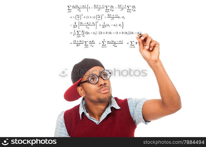 Photo of black guy nerd with pen in his hands over white isolated background