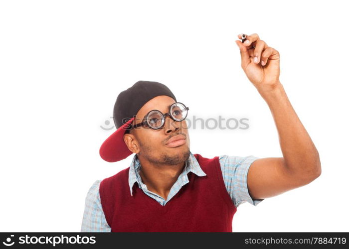 Photo of black guy nerd with pen in his hands over white isolated background