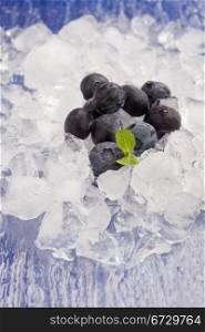 photo of blueberries on ice with mint leaves