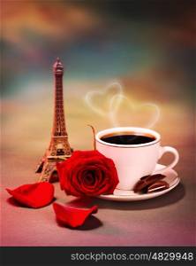 Photo of breakfast in Paris, beautiful morning in France, romantic still life, cup of coffee with piece of chocolate and fresh red rose on the table in cafe, honeymoon travel, Valentine day&#xA;