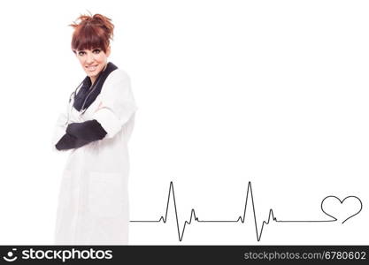 Photo of brunette female doctor over white isolated background