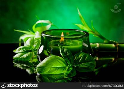 photo of candle with basil flavour on black glass table