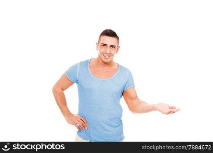Photo of caucasian bodybuilder presenting a product over white isolated background