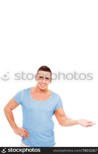 Photo of caucasian bodybuilder presenting a product over white isolated background