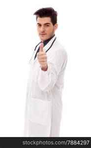 Photo of caucasian male doctor making positive thumb gesture over white isolated background