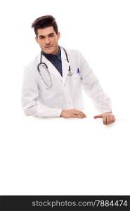 Photo of caucasian male doctor with jeans shirt over white isolated background