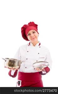 photo of chef with pot in her hands presenting us her dish