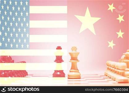 Photo of chess board game with united kingdom and chinese flag