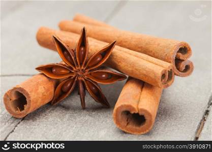 Photo of cinnamon sticks and star anise over wooden table&#xA;