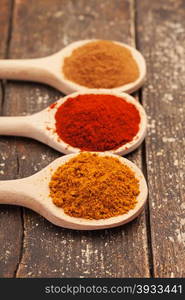 Photo of colorful spices over wooden table