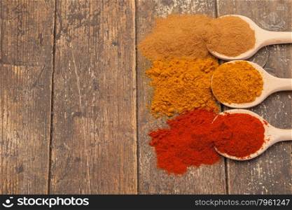 Photo of colorful spices over wooden table