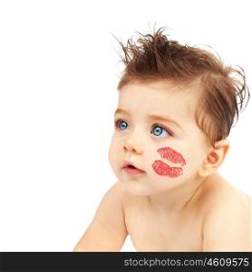 Photo of cute baby boy with red kiss on the cheek, closeup portrait of nice child with blue eyes isolated on white background, Valentine day, happy childhood, pretty Cupid, love concept