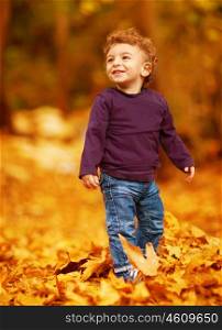 Photo of cute little boy having fun in autumn park, adorable kid playing game with dry autumnal leaves in forest, cute little toddler standing in beautiful fall woods, carefree childhood&#xA;