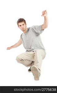 photo of dancer with grey t-shirt on white background
