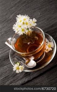photo of delicious chamomile tea with marguerite reflecting on the tea