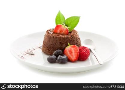 photo of delicious chocolate dessert with berries on isolated background