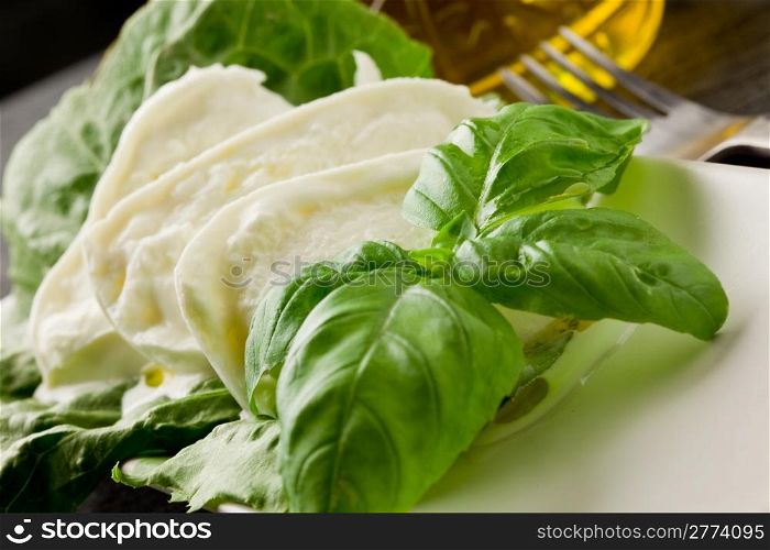 photo of delicious creamy buffalo mozzarella on lettuce bed with basil