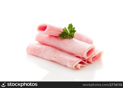 photo of delicious ham with parsley on white background