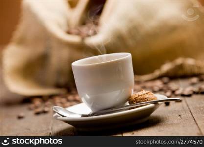 photo of delicious hot espresso coffee on wooden table