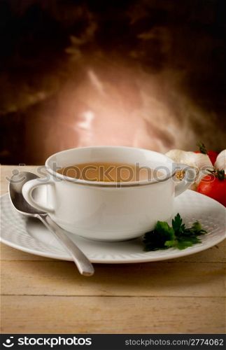 photo of delicious hot noodles soup on wooden table