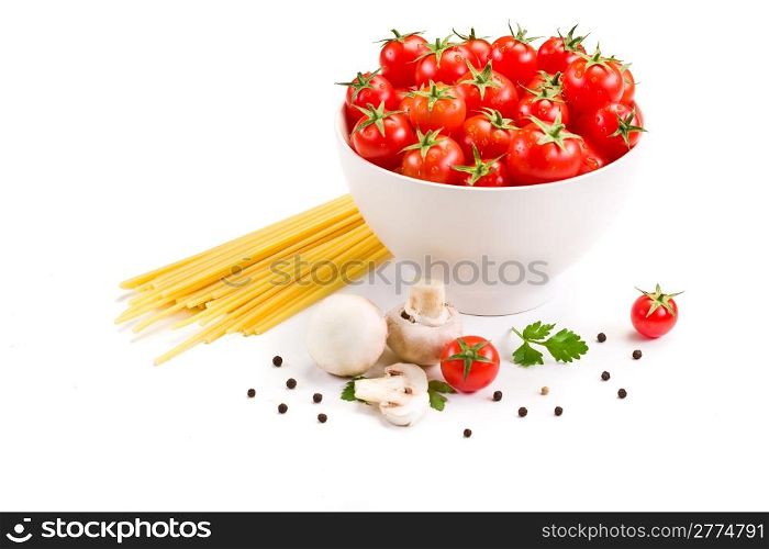 photo of delicious ingredients used for italian pasta on white background