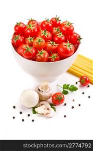 photo of delicious ingredients used for italian pasta on white background