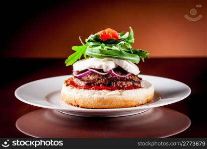 photo of delicious italian hamburger style with arugula and mozzarella
