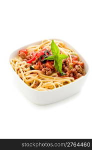 photo of delicious italian pasta with meat sauce on white background