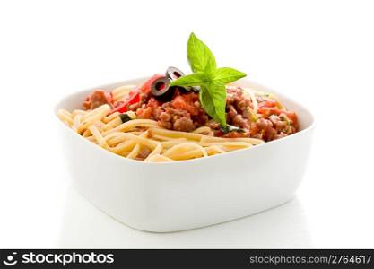 photo of delicious italian pasta with meat sauce on white background