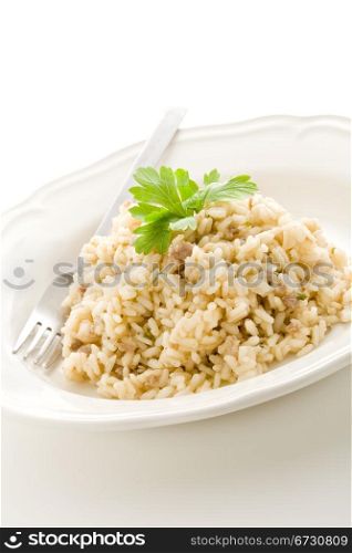 photo of delicious italian risotto dish with meat and parsley on white isolated background