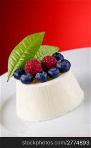 photo of delicious panna cotta with berries on red background