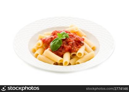 photo of delicious pasta with basil and tomato sauce on white background