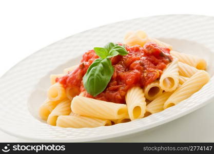 photo of delicious pasta with basil and tomato sauce on white background