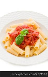 photo of delicious pasta with basil and tomato sauce on white background