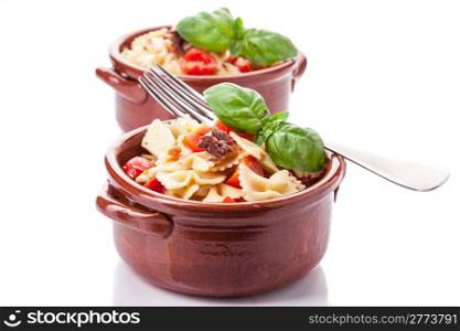 photo of delicious pasta with cherry tomatoes and olives