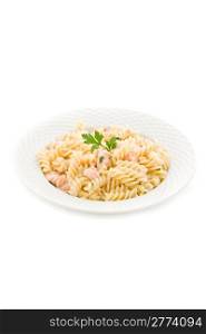 photo of delicious pasta with salmon and cream on white background