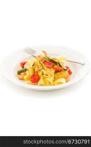 photo of delicious pasta with zucchini and shrimps on white isolated background