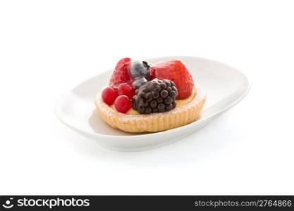 photo of delicious pastry with berries on white background