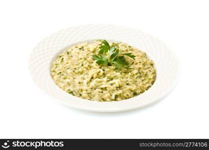 photo of delicious risotto dish with herbs on white background