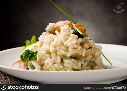 photo of delicious risotto with seafood and parsley on it