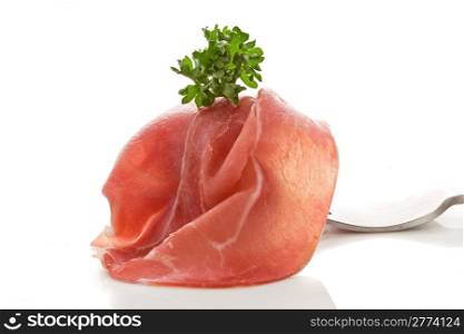 photo of delicious smoked bacon wrapped on fork on white background