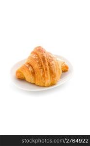 photo of delicious tasty golden croissants on white background