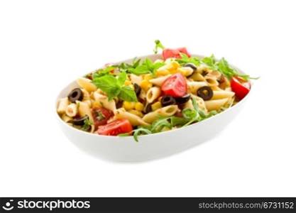 photo of delicious tasty pasta salad with fresh vegetables on isolated background