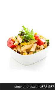 photo of delicious tasty pasta salad with fresh vegetables on isolated background