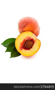 photo of delicious tasty peaches on white background with leaves