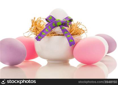 Photo of easter eggs over white isolated background