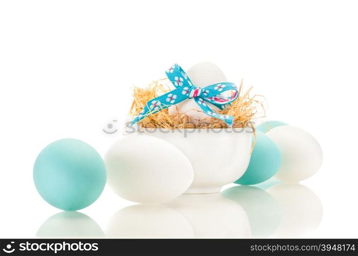Photo of easter eggs over white isolated background