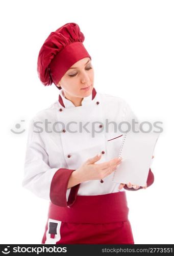 photo of female chef with menu in her hands presenting her news