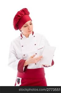 photo of female chef with menu in her hands presenting her news